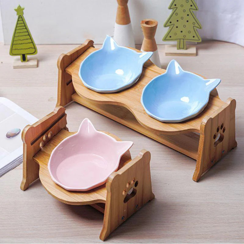 Double Bamboo Stand Feeding Bowl